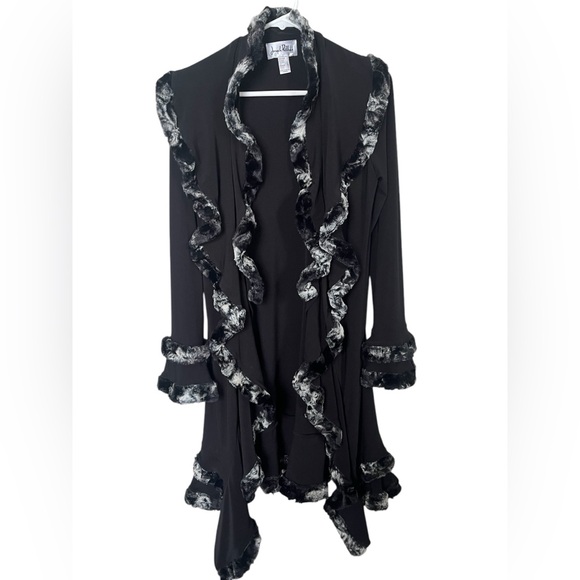 EUC Joseph Ribkoff Long Black Cardigan/ Jacket with Faux Gray Fur in Size 6. - Picture 2 of 13